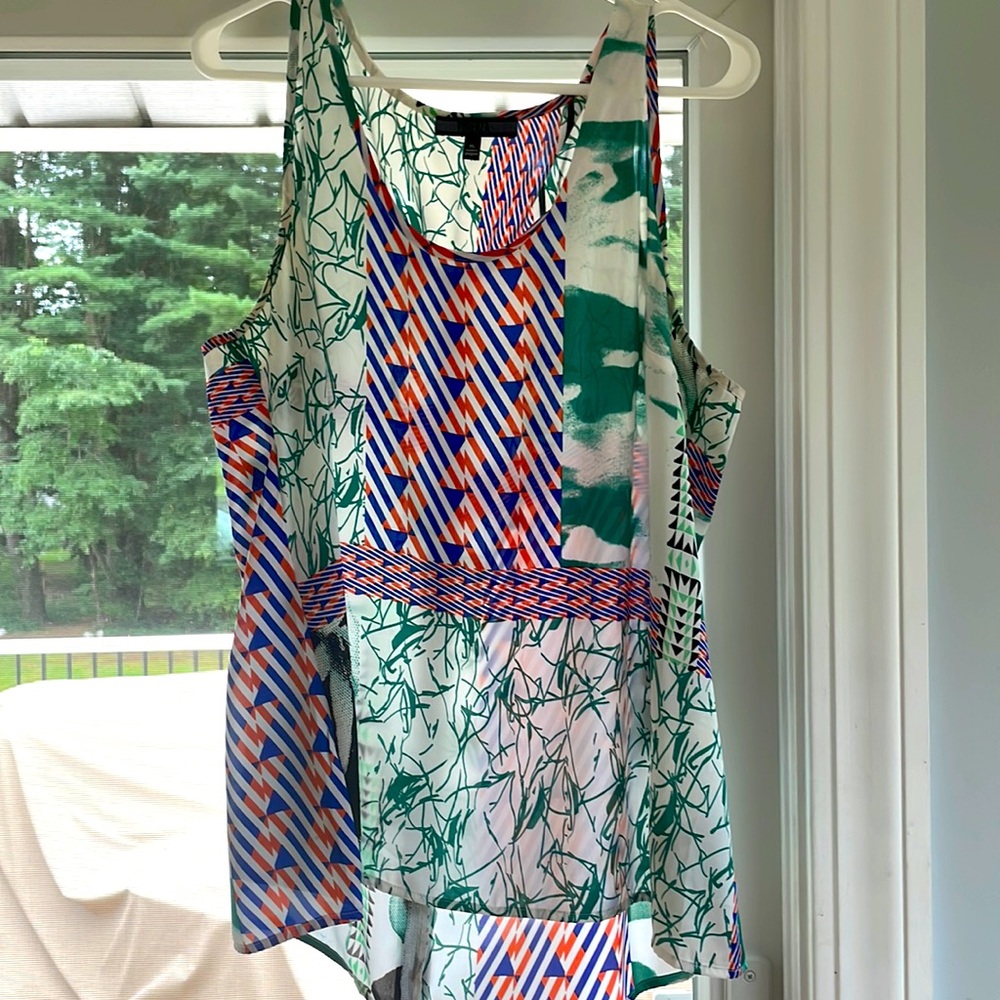 Forenza Green, Blue, and orange print blouse w/ button up back, X-Large